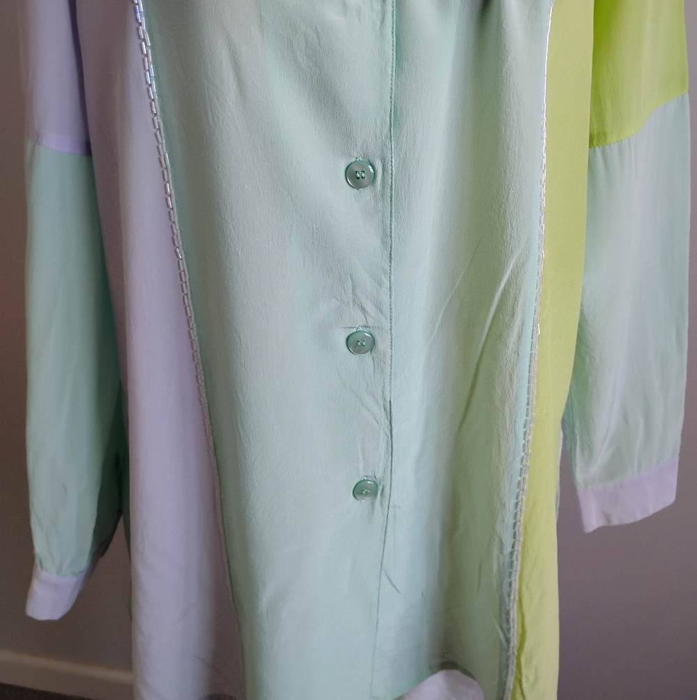 Diane Gilman Silk Beaded Button Up Blouse Pastel Chartreuse Lilac Size Medium - Picture 3 of 14